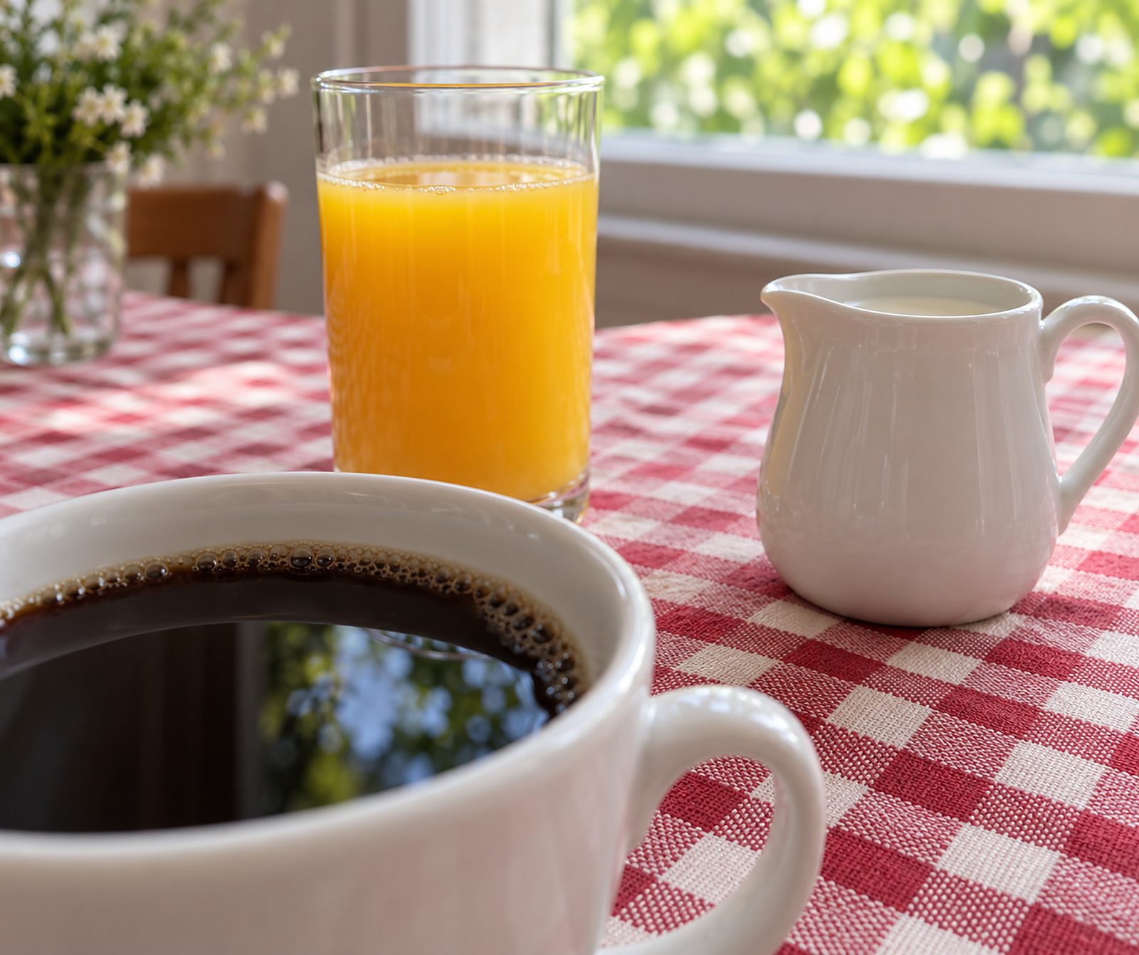 Kaffeetasse, Glas Orangensaft und Milchkännchen auf rot-weiß kariertem Tuch (Illustration)
